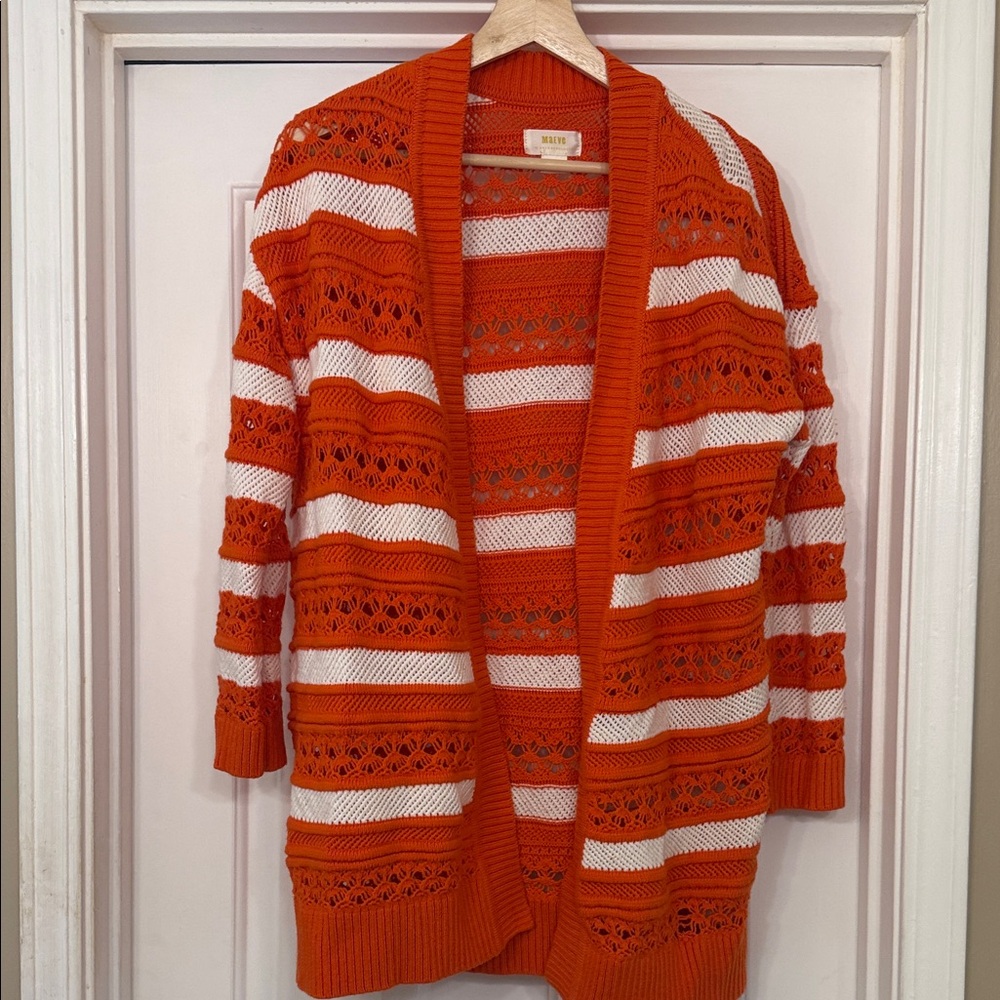 Anthropologie | Maeve Orange and White Open-Knit Cardigan, size XXS